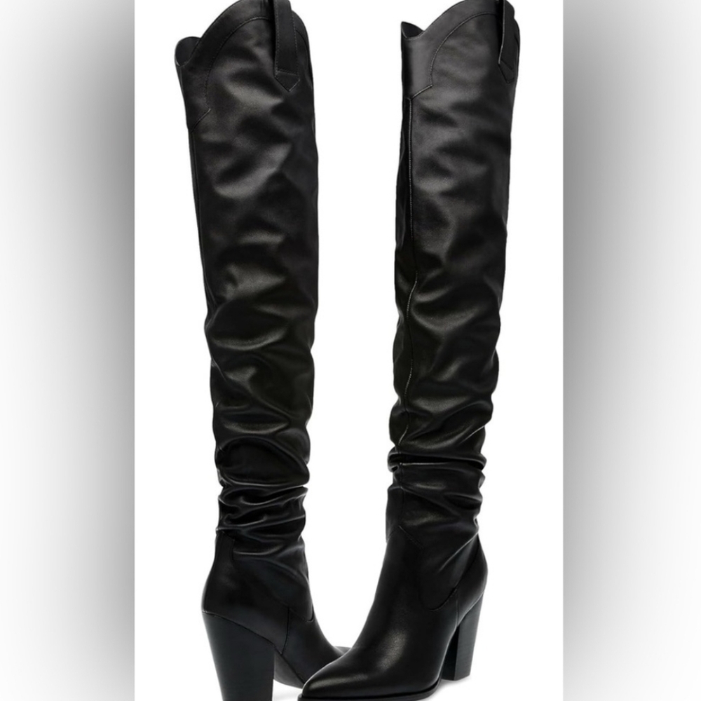 NEW Steve Madden Landy Black Leather Over the Knee Western Boots